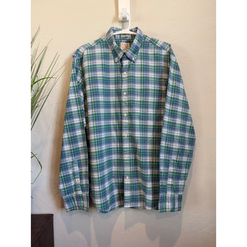 J.Crew Mens Broken-In Oxford Slim Untucked Plaid Shirt AU765 Green Blue L NEW